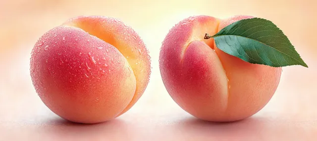 Realistic peaches with leaves on a soft light background