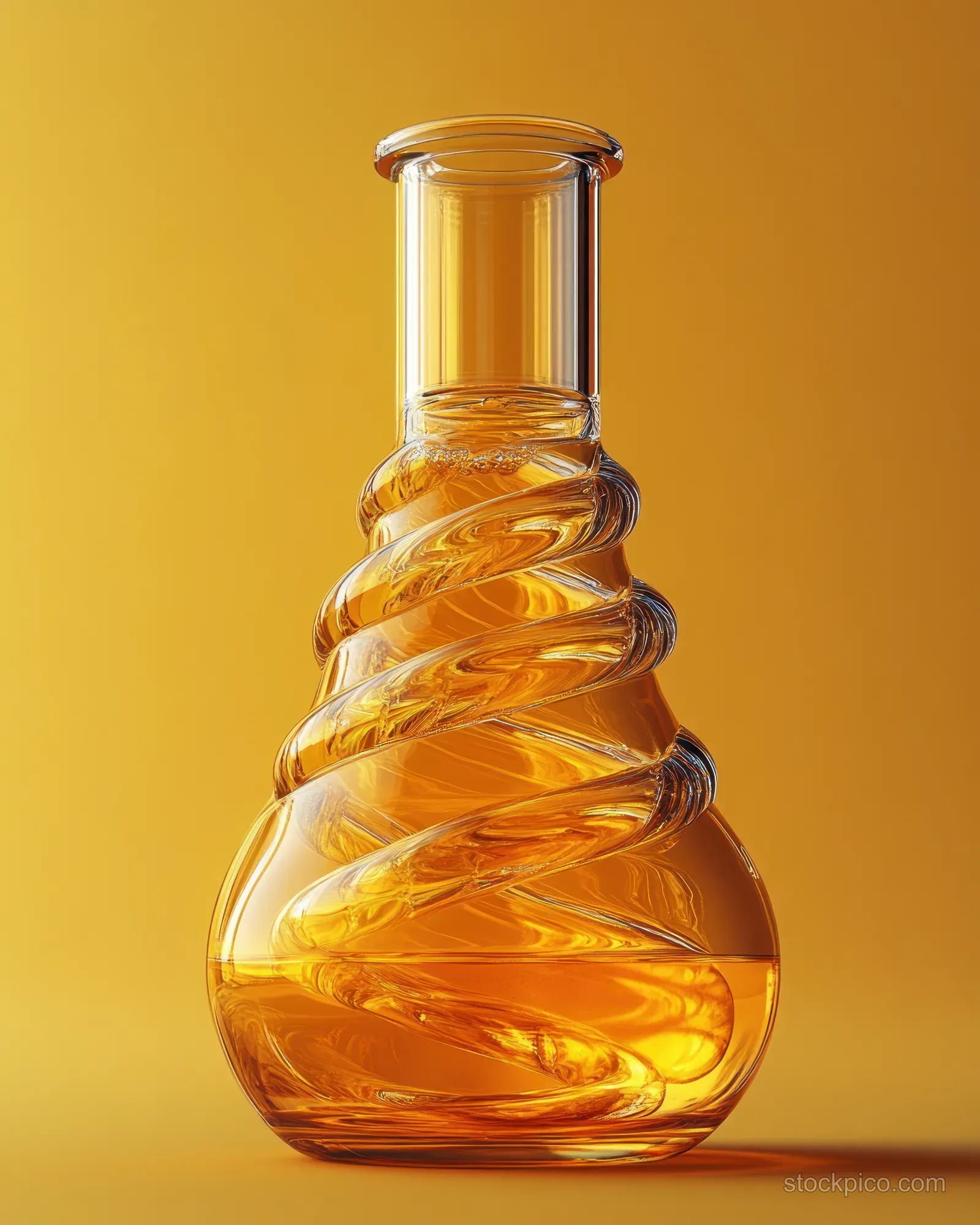 An amber glass flask filled with golden yellow liquid sits on a warm yellow background with coiled tubing visible.