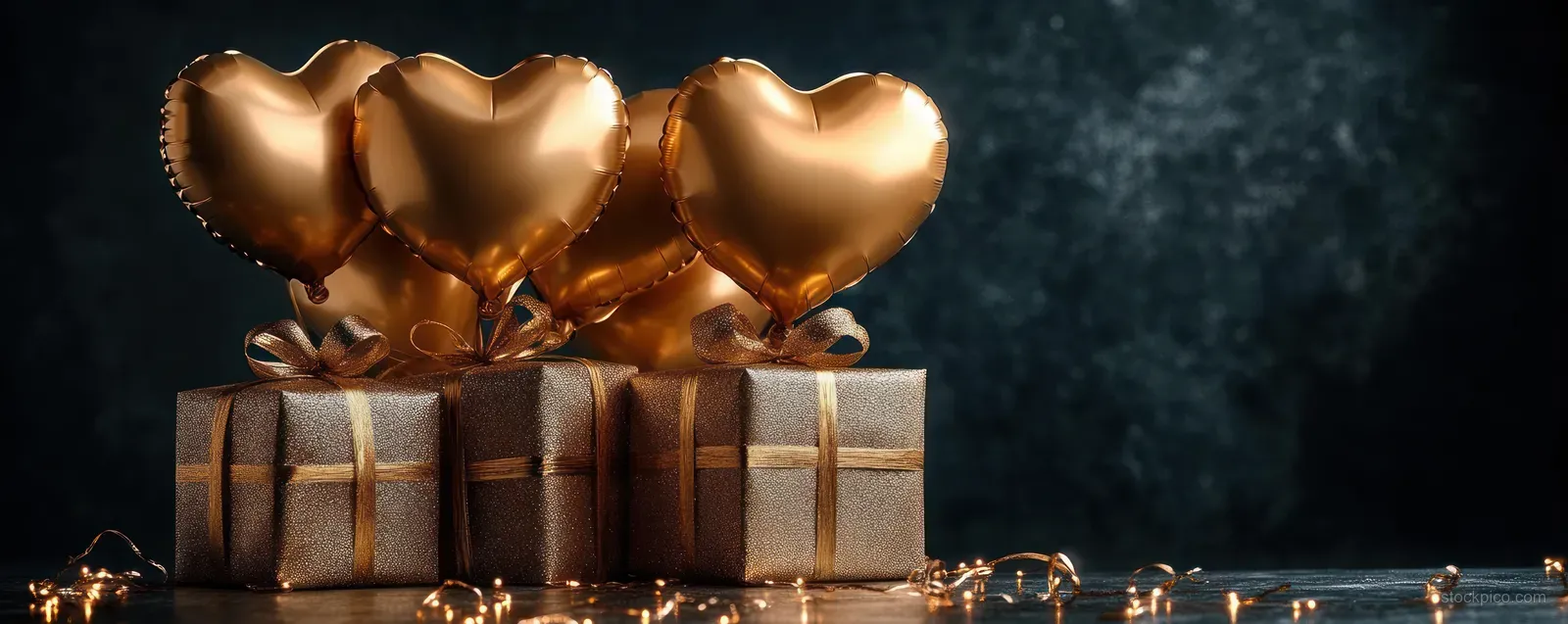 Three gold heart balloons hover above glittery gift boxes with ribbons and warm fairy lights on a dark textured surface.
