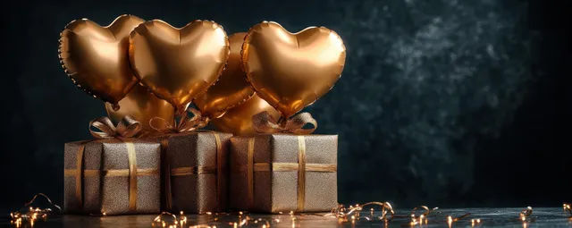 Three gold heart balloons hover above glittery gift boxes with ribbons and warm fairy lights on a dark textured surface.