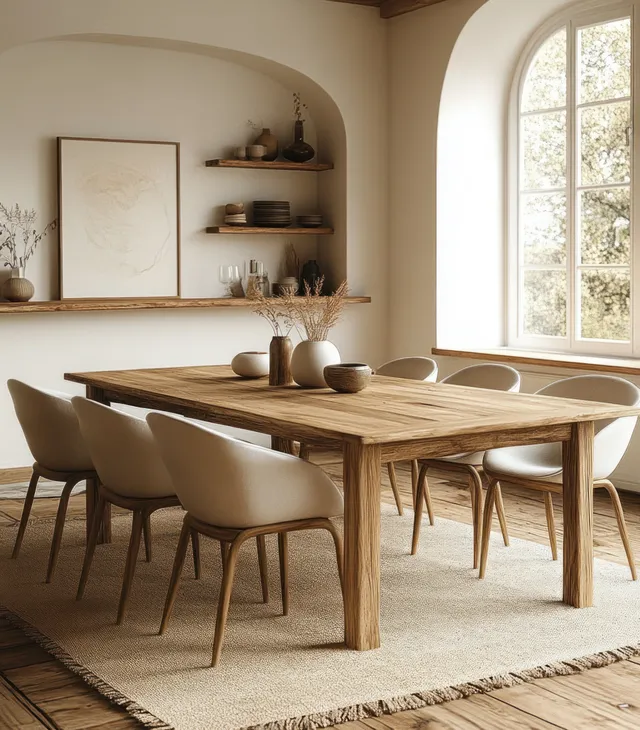 Wooden dining table with beige chairs in a sunlit Scandinavian room, with arched windows and minimal shelves.