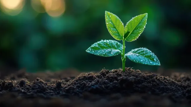 Small green seedling sprout with water droplets on leaves emerging from dark moist soil.