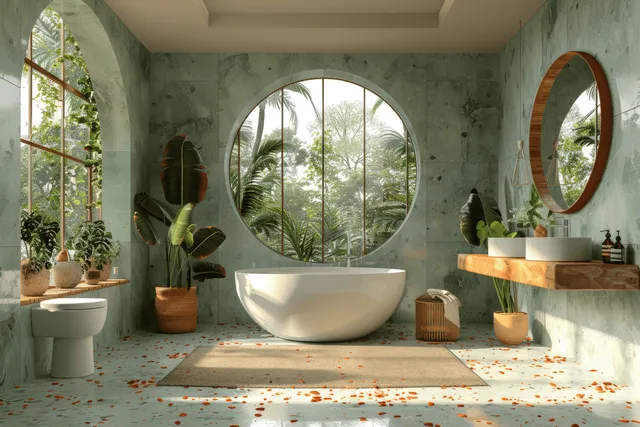 Freestanding white bathtub facing a large circular window with lush greenery view