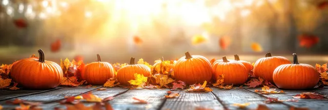 Thanksgiving pumpkin harvest lined on rustic wooden table with golden bokeh sunlight