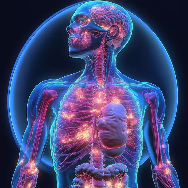 Surreal bioluminescent human anatomy glow showing skeletal and organ systems in a circular frame