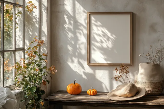 Cozy Scandinavian Living Room with Blank Photo Frame, Pumpkins, and Seasonal Books