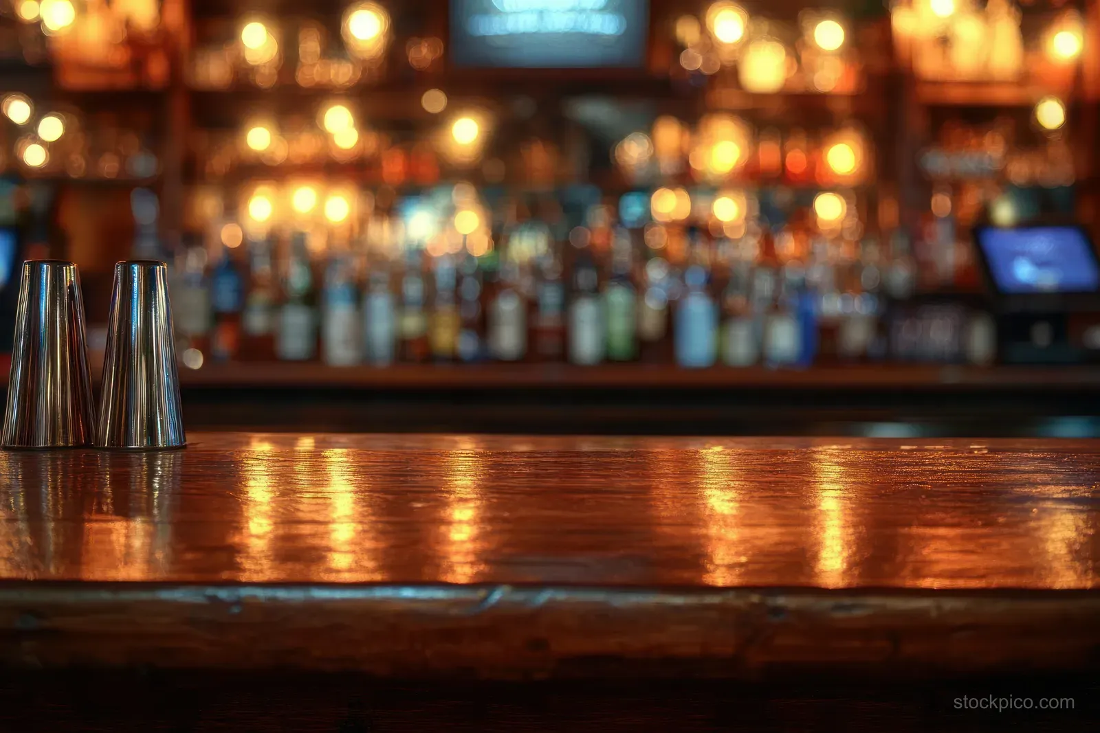 Two metal cocktail shakers rest on an empty wooden bar counter with warm blurred liquor bottles in the background.