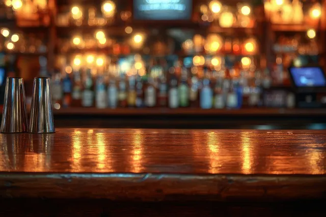 Two metal cocktail shakers rest on an empty wooden bar counter with warm blurred liquor bottles in the background.