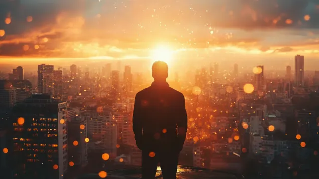 A business leader silhouette stands on a rooftop at sunset, surrounded by a glowing cityscape symbolizing hope and growth.