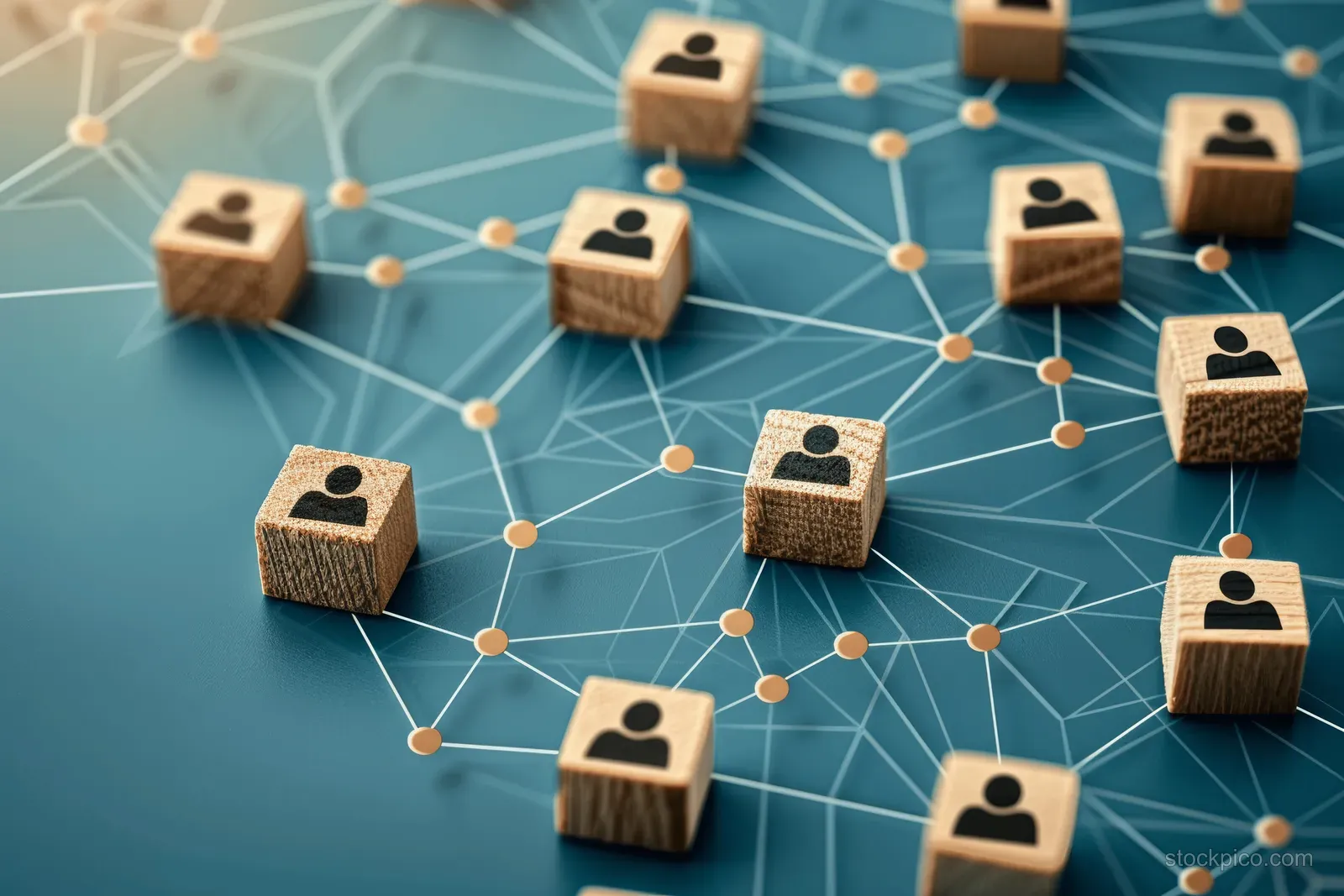 Wooden cubes with user handshake icons connected by glowing network lines on a blue background in a top view.