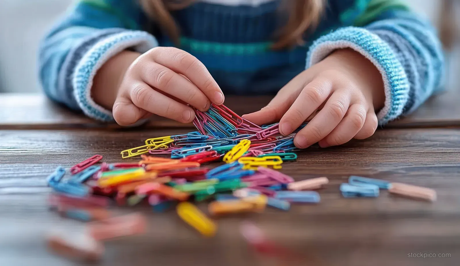 Close-up of a child’s hands sorting colorful paper clips on a wooden table.