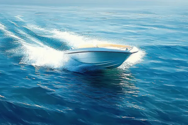 A white speedboat speeds across calm blue water, creating a foamy wake and splashes under bright sunlight.