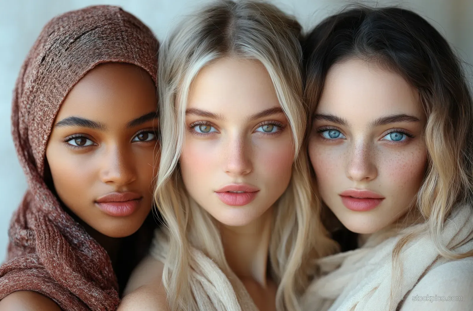 Three diverse women lean close for a portrait, sharing a supportive, unified expression.