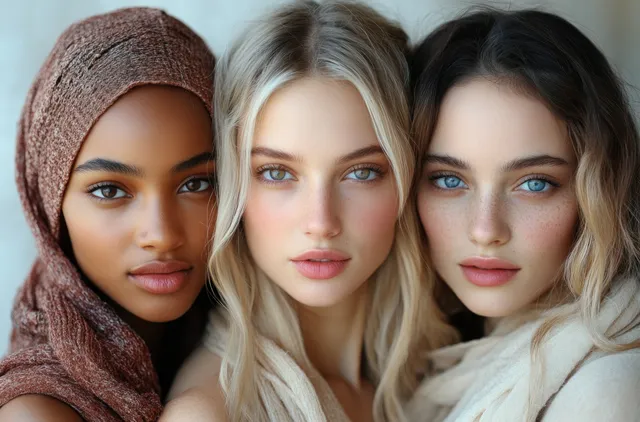 Three diverse women lean close for a portrait, sharing a supportive, unified expression.