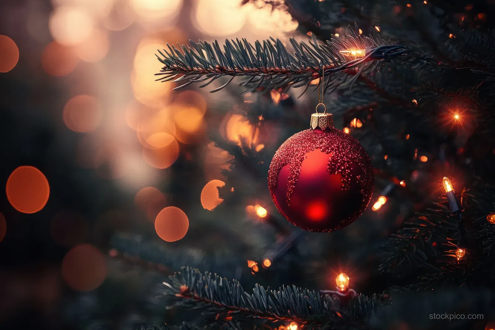 Red Christmas ornament hangs from pine needles as warm lights blur into golden bokeh background.