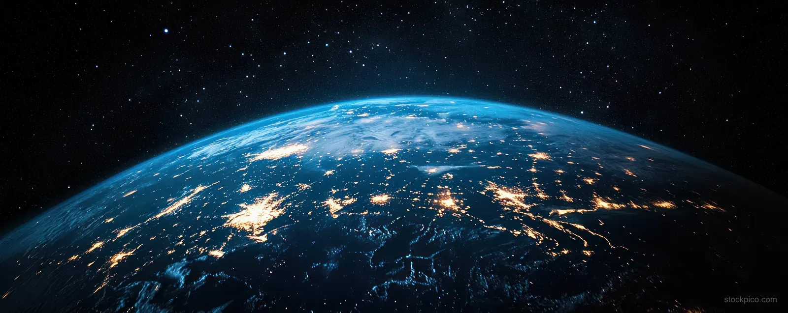 Nighttime Earth from space with glowing Europe and Mediterranean city lights beneath a starry sky.