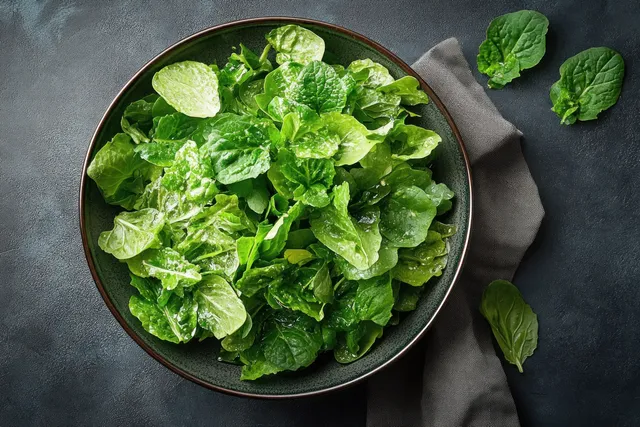 A bowl filled with fresh green leafy salad sits on a dark surface with scattered lettuce leaves nearby.