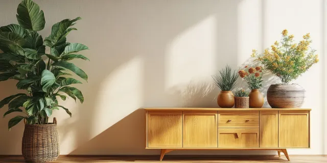 Light wood sideboard with drawers and potted plants beside a window-lit living room wall.