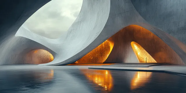 Empty minimalist concrete interior with angular arches and warm backlit light reflecting on a textured floor.