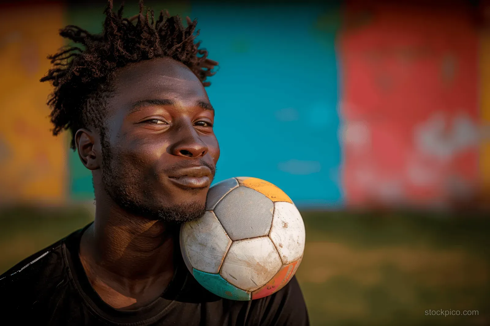 A smiling young man balances a soccer ball on his shoulder with colorful painted walls in the background.