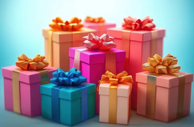 Colorful wrapped gift boxes with shiny ribbon bows arranged on a smooth surface against a soft blue gradient background.