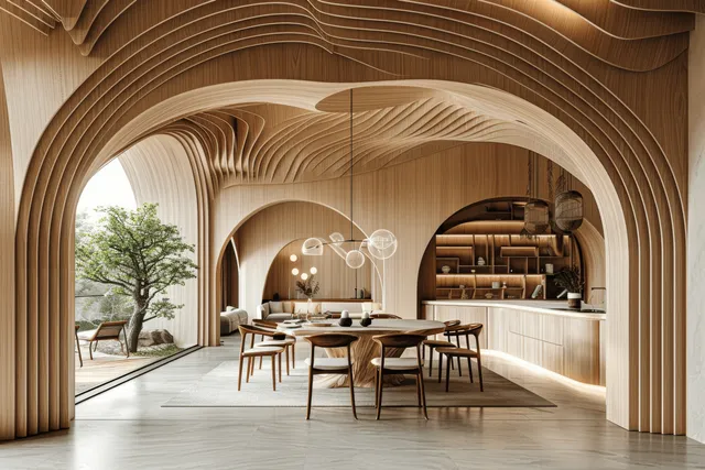 Minimalist dining room with curved wooden arches and warm pendant lights over a table beside built-in shelving.