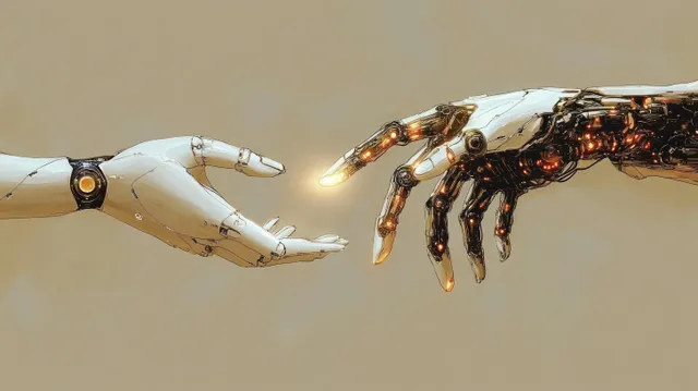 A robotic hand and a human hand collaborate while drawing across a warm beige background.