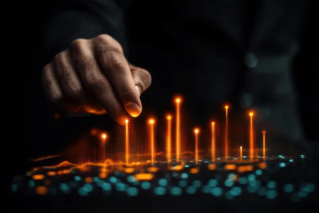 Hand touching glowing orange and blue data bars on a futuristic interface with Interactive User Interface