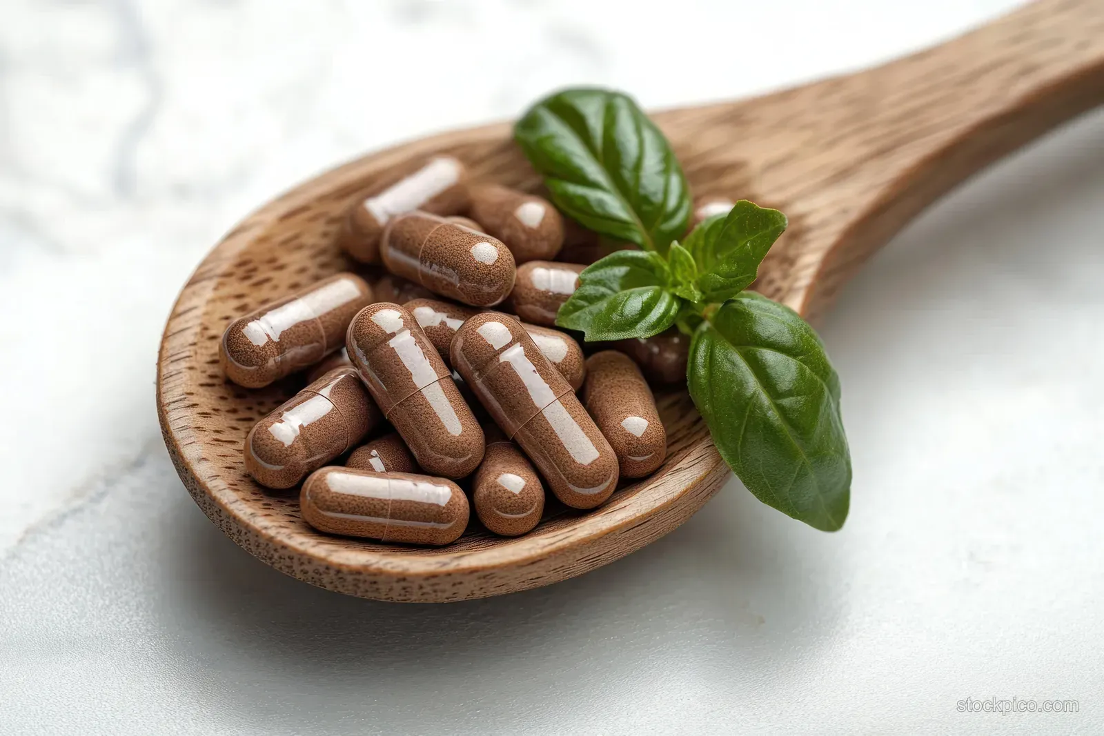 Brown capsules in a wooden spoon next to fresh basil leaves on a white surface.
