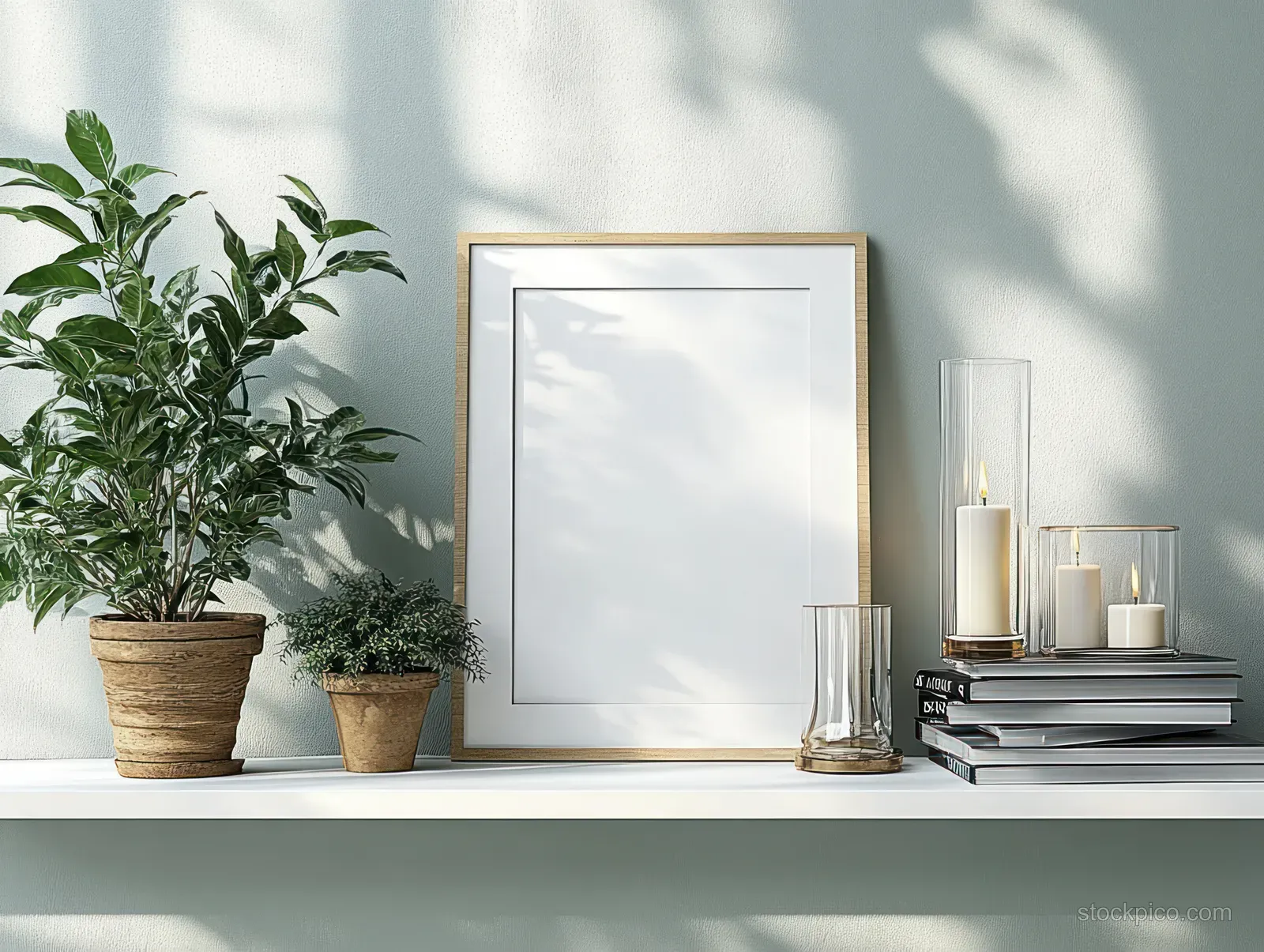 Minimalist white shelf holds an empty frame, stacked books, candles, and potted green plants under soft leaf shadows.