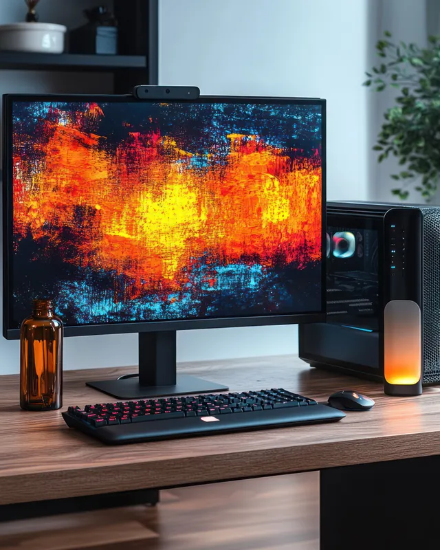 Desktop computer monitor displays fiery orange and blue abstract art beside a keyboard, mouse, and amber glass bottle on a wooden desk.