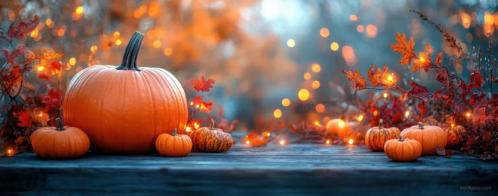 Rustic wooden table decorated with pumpkins, leaves, and warm fairy lights against a glowing bokeh background.
