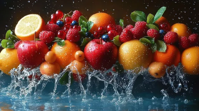 Fresh mixed fruits splash into blue water with droplets rising around oranges and berries.