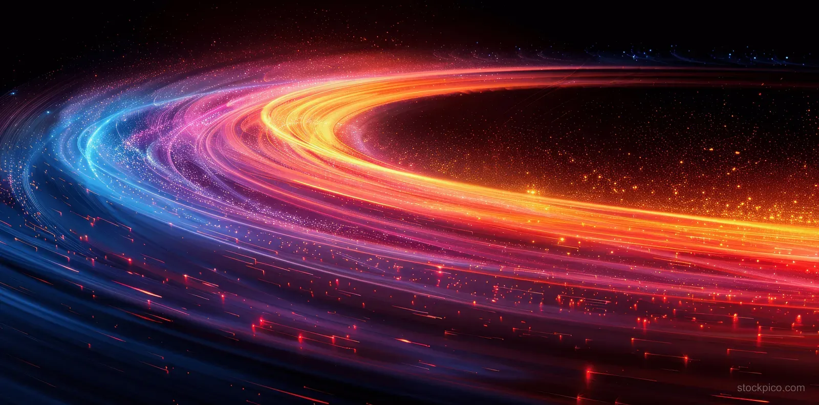 Colorful glowing light trails and geometric curves create a futuristic 3D abstract render against a deep black background.