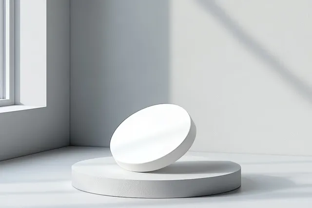 White disc floating over pedestal in a gray studio corner with soft ambient shadows