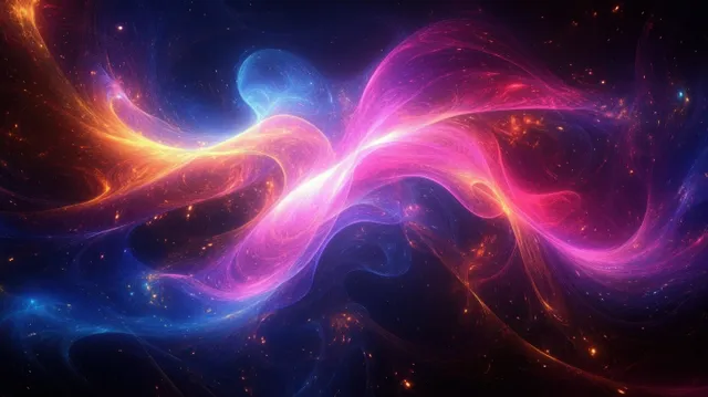 Neon swirling light waves form glowing pink, orange, blue, and purple nebula ribbons across a dark starry space background.