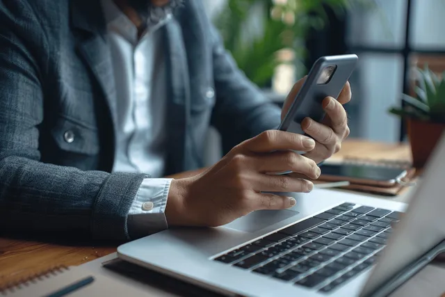 Business casual person using smartphone and laptop at home office desk, remote work close-up