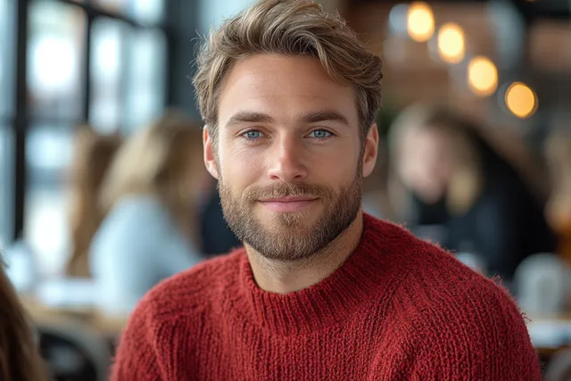 Smiling man in red sweater taking notes during office meeting with colleagues
