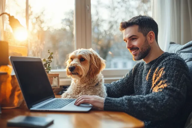 A smiling man types on a laptop at home while a small dog rests on his lap beside large windows.