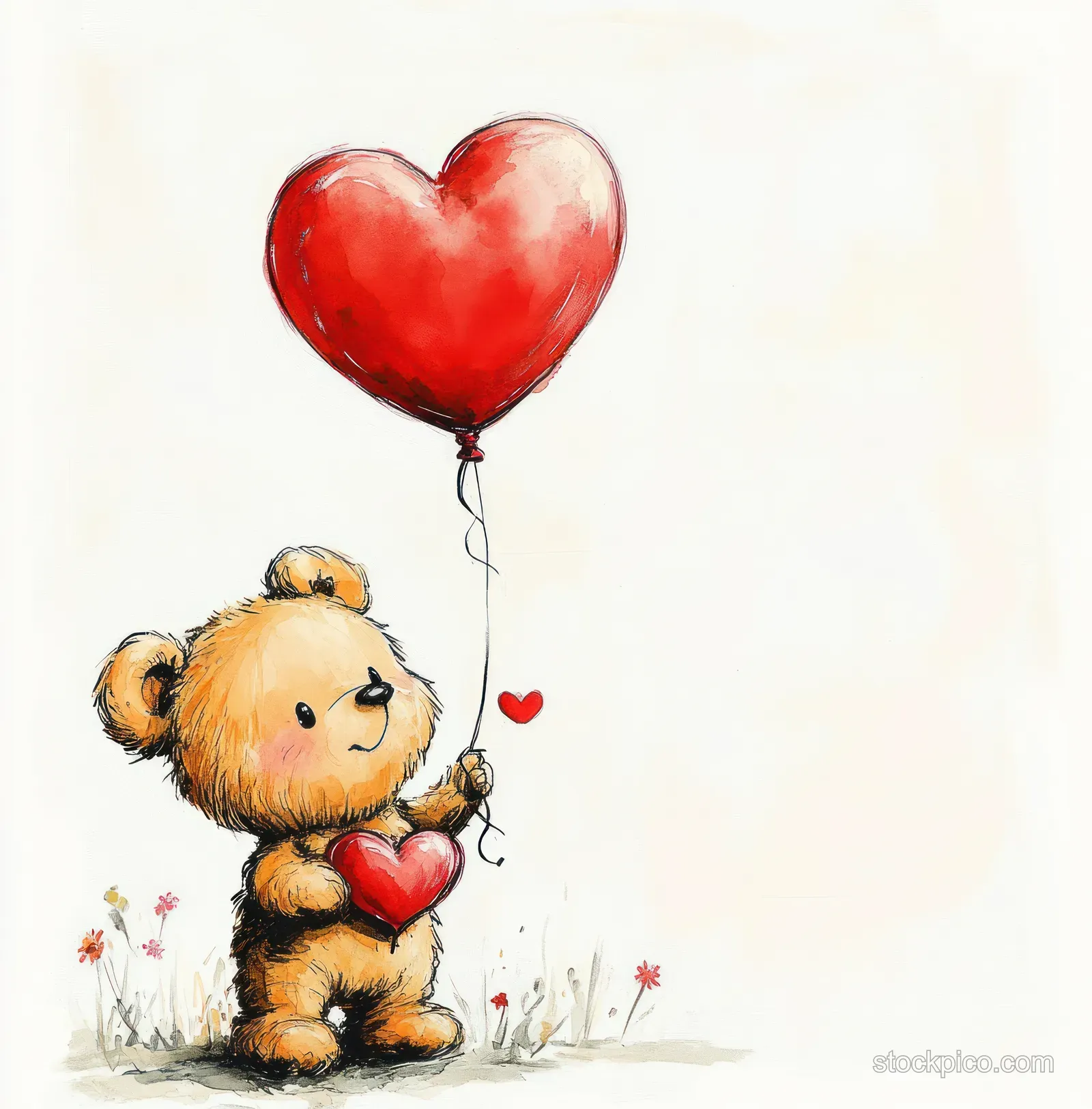 Small teddy bear kneels holding a red heart while a red heart balloon hovers above scattered flowers.