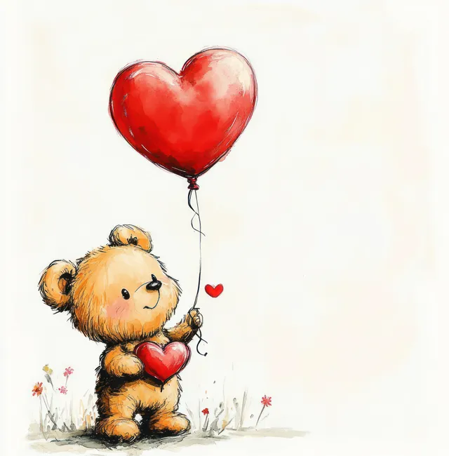 Small teddy bear kneels holding a red heart while a red heart balloon hovers above scattered flowers.