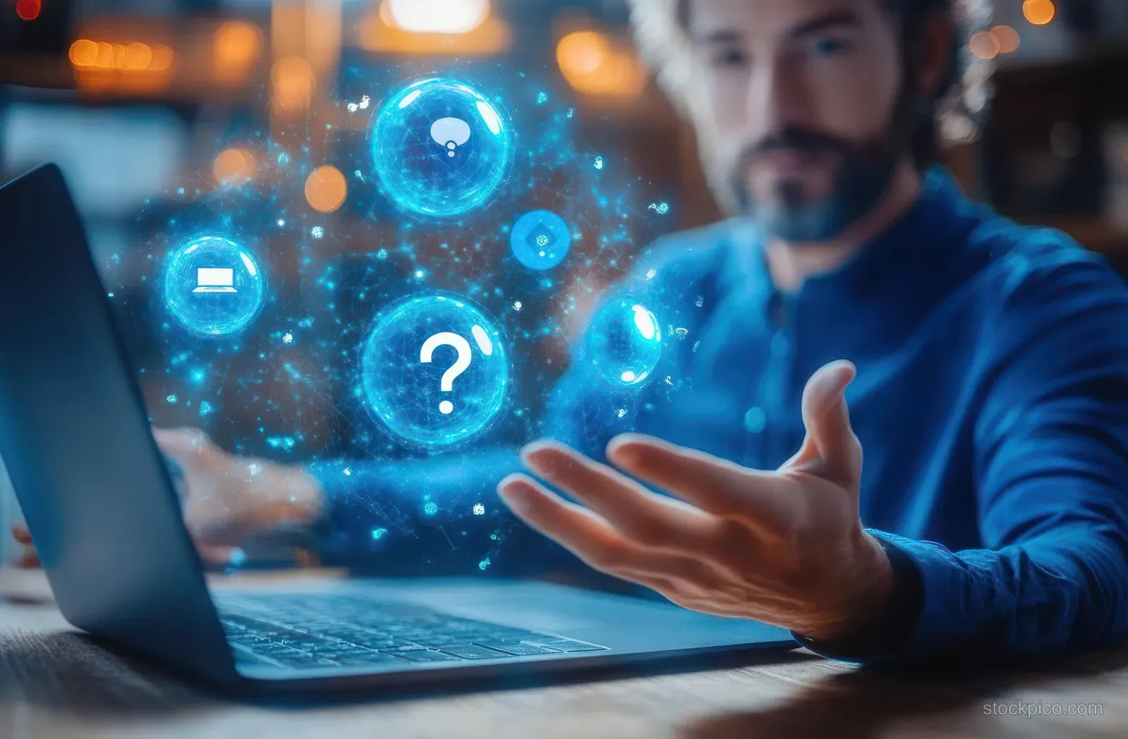 A man interacts with glowing blue holographic icons above a laptop keyboard in a modern tech environment.