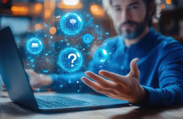 A man interacts with glowing blue holographic icons above a laptop keyboard in a modern tech environment.