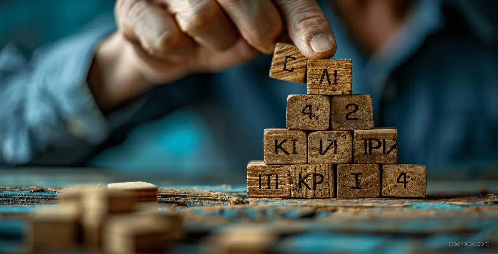 A hand arranges wooden KPI blocks into a pyramid on a desk.