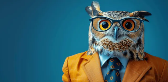Owl wearing a mustard suit and patterned tie with oversized goggles against a solid blue background.