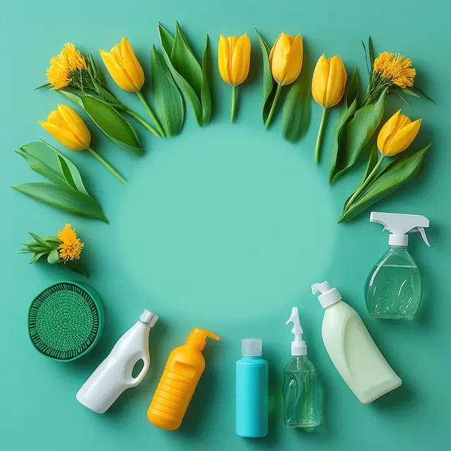 Yellow tulips arranged in a circle surround spray bottles, a sponge, and a scrub brush on a mint green background.