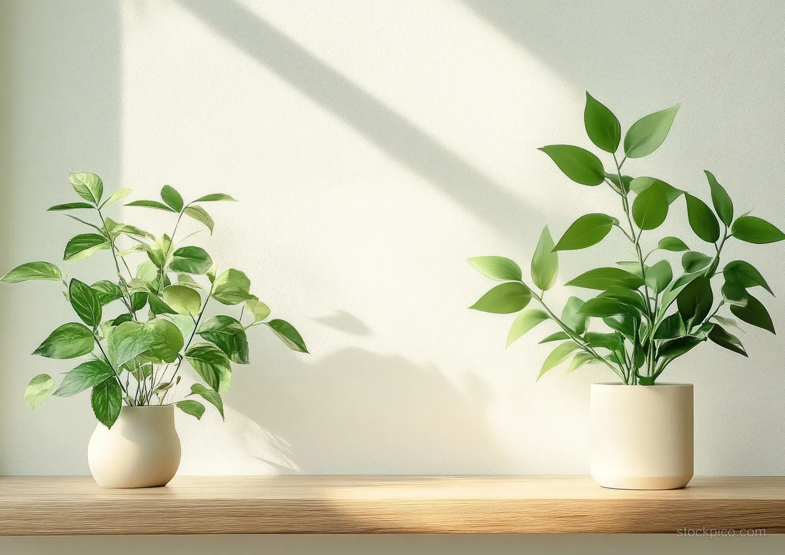 Multiple green potted plants sit on a minimalist wooden shelf with soft sunlight shadows on a pale wall.