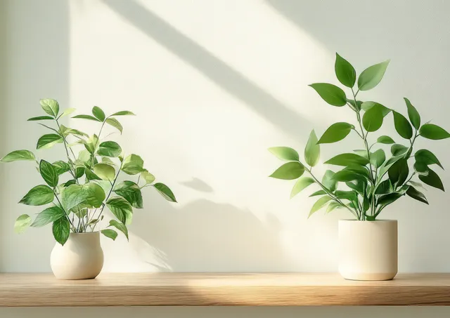 Multiple green potted plants sit on a minimalist wooden shelf with soft sunlight shadows on a pale wall.