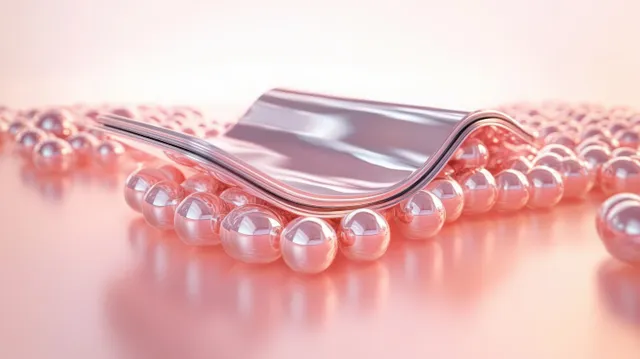 Glossy vitamin capsules rest on translucent pink biomaterial beside smooth collagen-like gel under glowing studio light.