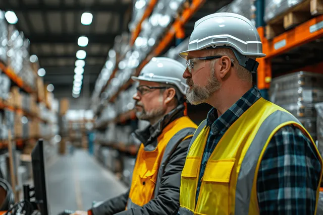 Two warehouse supervisors in safety gear discuss delivery details on tablets in a pallet-filled aisle.